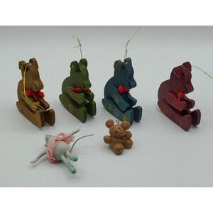 Vintage 4 Wooden Painted Teddy Bears Movable Joints Ornaments+ Bear Mouse Taiwan